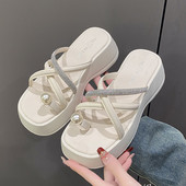 Női középsarkú cipők platform nyitott orrú papucsok nyári divat szandálok ruha strand papucsok női kristálycsúszdák