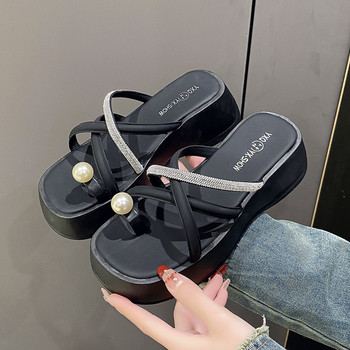 Дамски обувки със среден ток Платформени чехли с отворени пръсти Лятна мода Сандали Рокля Плажни джапанки Дамски кристални пързалки