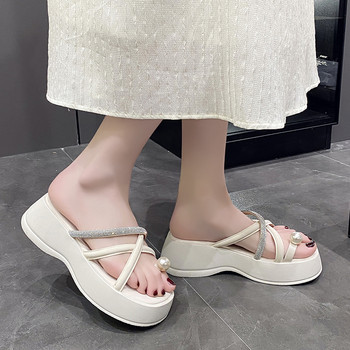Дамски обувки със среден ток Платформени чехли с отворени пръсти Лятна мода Сандали Рокля Плажни джапанки Дамски кристални пързалки