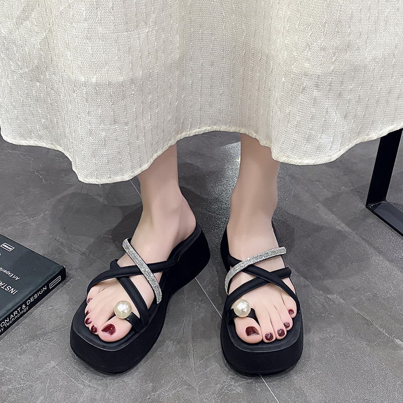 Női középsarkú cipők platform nyitott orrú papucsok nyári divat szandálok ruha strand papucsok női kristálycsúszdák