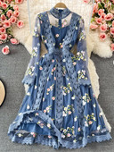 Boho rudens pavasara ziedi ar izšuvumu kleita sievietēm ar garām piedurknēm mežģīņu siets ziedu zila eleganta svētku ballīte sievietēm Midi Vestidos