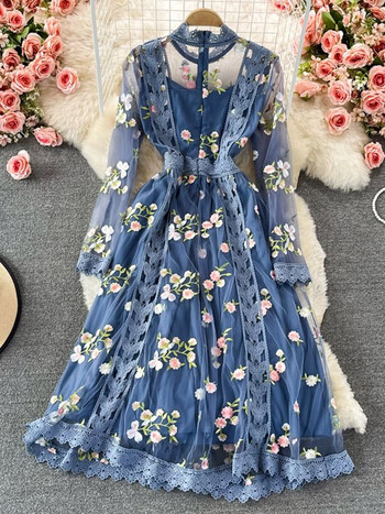 Бохо есенна пролетна рокля с бродерия на цветя Дамска дамска дантела с дълъг ръкав и мрежеста флорална синя елегантна празнична дамска дамска миди рокля