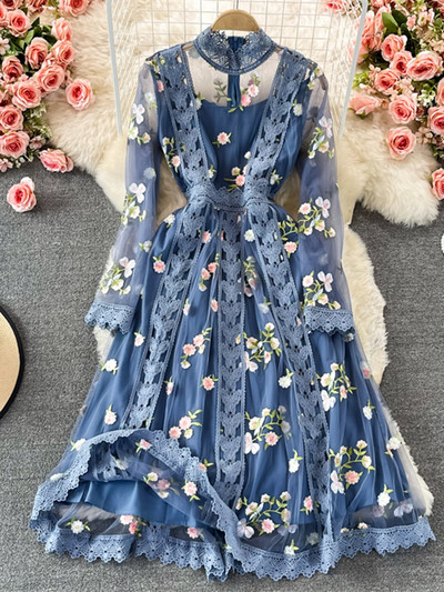 Boho rudens pavasara ziedi ar izšuvumu kleita sievietēm ar garām piedurknēm mežģīņu siets ziedu zila eleganta svētku ballīte sievietēm Midi Vestidos