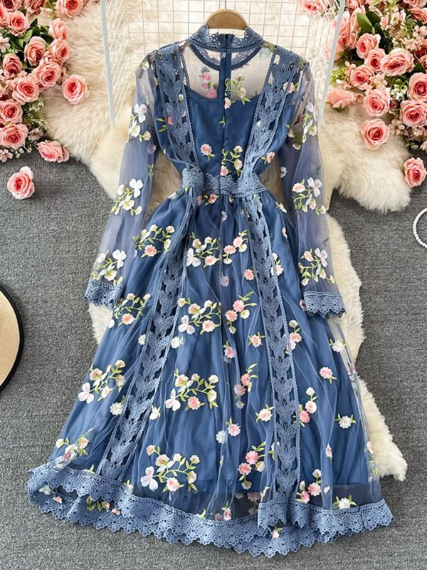 Boho rudens pavasara ziedi ar izšuvumu kleita sievietēm ar garām piedurknēm mežģīņu siets ziedu zila eleganta svētku ballīte sievietēm Midi Vestidos