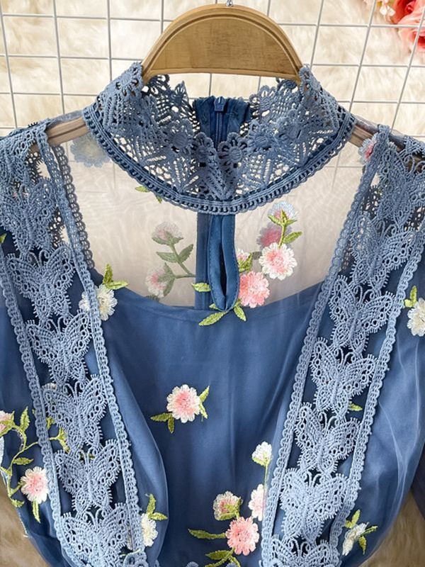 Boho rudens pavasara ziedi ar izšuvumu kleita sievietēm ar garām piedurknēm mežģīņu siets ziedu zila eleganta svētku ballīte sievietēm Midi Vestidos