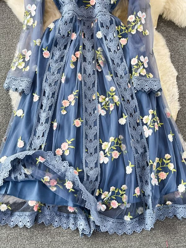 Boho rudens pavasara ziedi ar izšuvumu kleita sievietēm ar garām piedurknēm mežģīņu siets ziedu zila eleganta svētku ballīte sievietēm Midi Vestidos