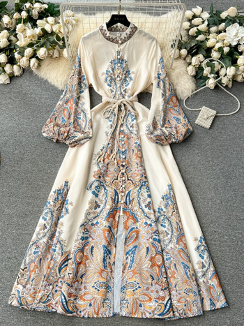 Френска ретро дълга рокля Дамски фенери с щампа с дълги ръкави Вечерни парти рокли Пролет Есен Елегантна едноредна дълга роба