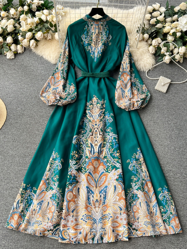 Francuska retro duga haljina Ženske lampione Večernje haljine s printom dugih rukava Proljeće Jesen Elegantni dugi ogrtač s jednim kopčanjem