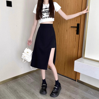 2023 г. Нова пола с висока талия на ханша Черна пола с неправилна цепка за жени Лятна А-силует Harajuku Vintage Дамско облекло