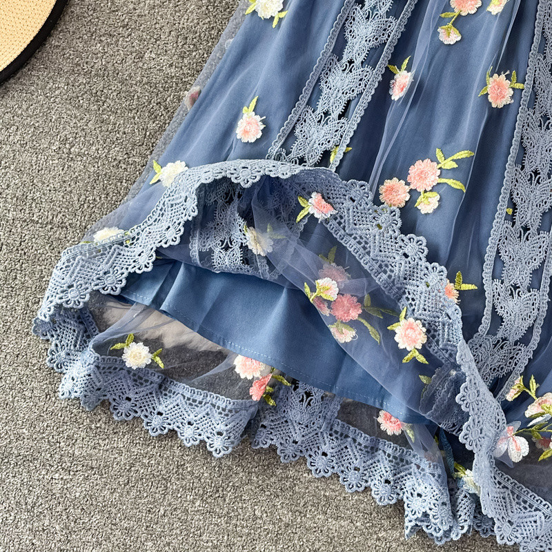 2023-as nyári hímzéses csipkeruha női hosszú ujjú bohó virágok tüll virágos kék elegáns ünnepi buli esti Midi Vestidos