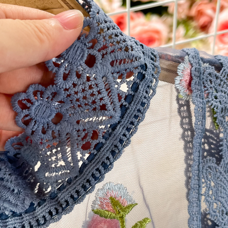 2023-as nyári hímzéses csipkeruha női hosszú ujjú bohó virágok tüll virágos kék elegáns ünnepi buli esti Midi Vestidos