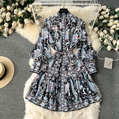 Μίνι φορέματα γοτθικής στάμπας 2024 Άνοιξη μόδας Runway Runway Γυναικεία Stand Φόρεμα με μακρυμάνικο φανάρι Φόρεμα επίδεσμο με χαλαρό κουμπί Γιορτινές ρόμπες