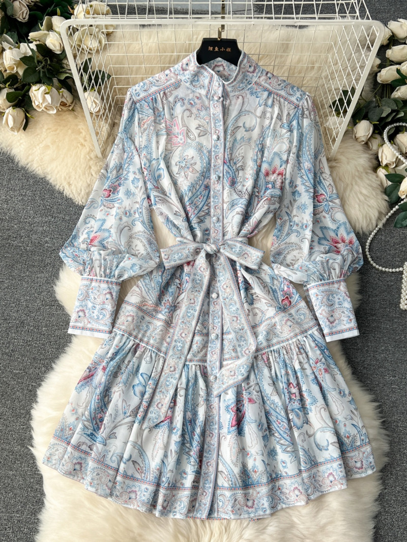 Μίνι φορέματα γοτθικής στάμπας 2024 Άνοιξη μόδας Runway Runway Γυναικεία Stand Φόρεμα με μακρυμάνικο φανάρι Φόρεμα επίδεσμο με χαλαρό κουμπί Γιορτινές ρόμπες