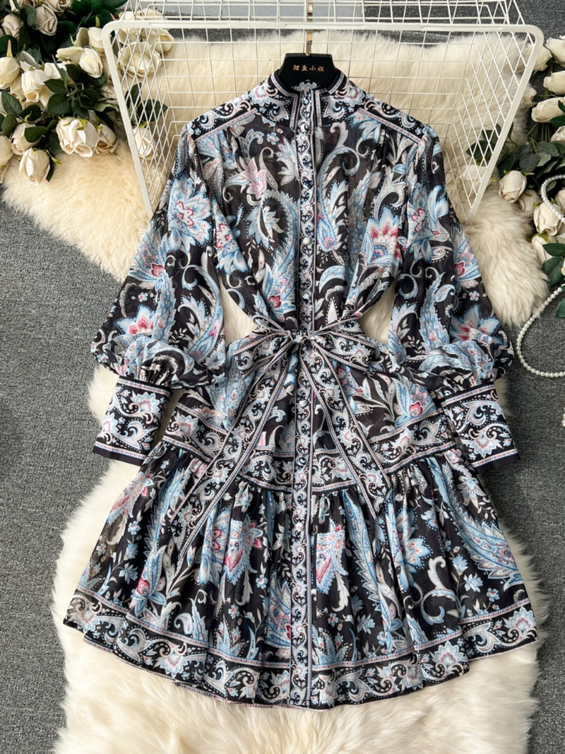 Μίνι φορέματα γοτθικής στάμπας 2024 Άνοιξη μόδας Runway Runway Γυναικεία Stand Φόρεμα με μακρυμάνικο φανάρι Φόρεμα επίδεσμο με χαλαρό κουμπί Γιορτινές ρόμπες