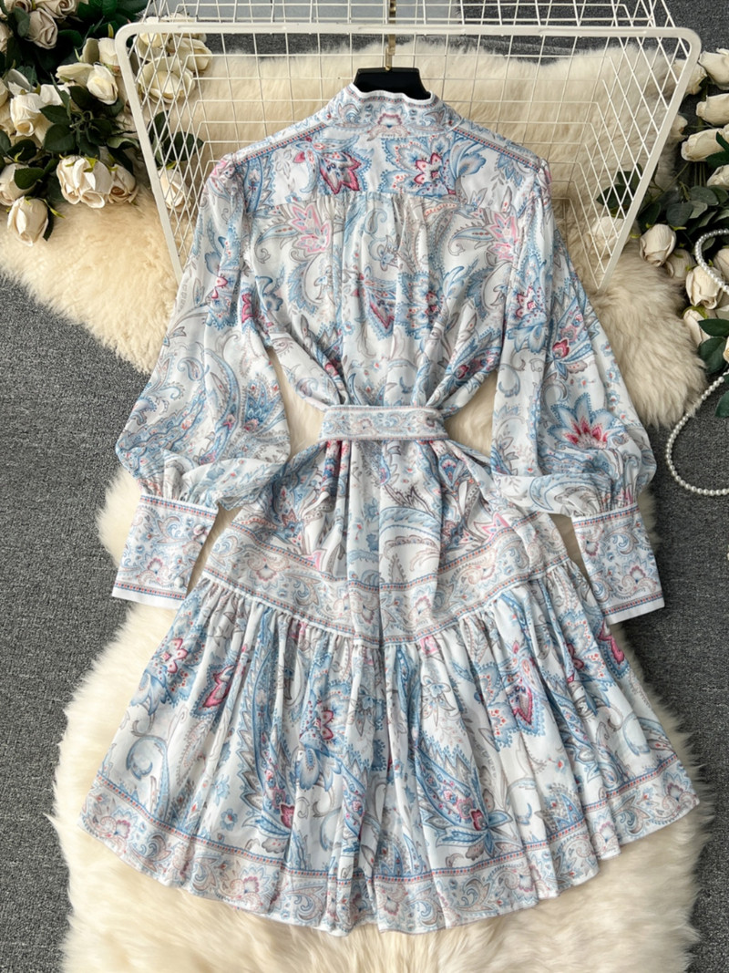 Μίνι φορέματα γοτθικής στάμπας 2024 Άνοιξη μόδας Runway Runway Γυναικεία Stand Φόρεμα με μακρυμάνικο φανάρι Φόρεμα επίδεσμο με χαλαρό κουμπί Γιορτινές ρόμπες