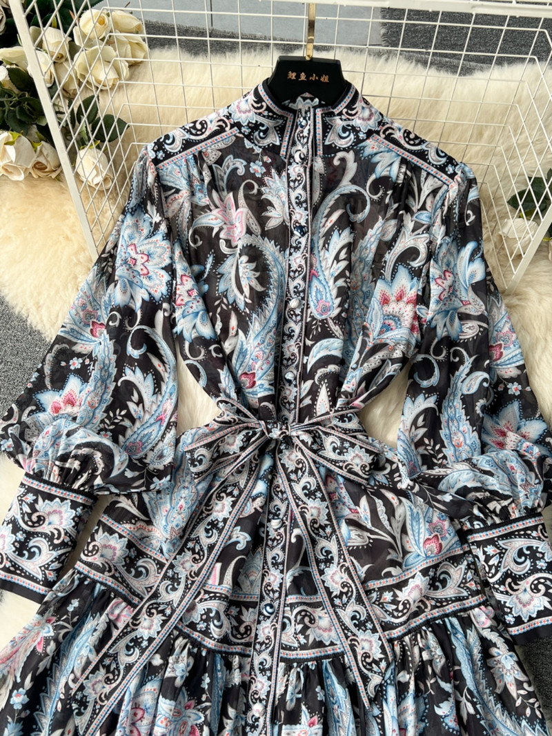 Μίνι φορέματα γοτθικής στάμπας 2024 Άνοιξη μόδας Runway Runway Γυναικεία Stand Φόρεμα με μακρυμάνικο φανάρι Φόρεμα επίδεσμο με χαλαρό κουμπί Γιορτινές ρόμπες