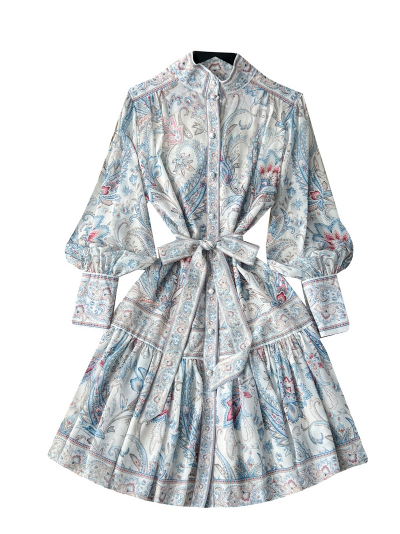 Μίνι φορέματα γοτθικής στάμπας 2024 Άνοιξη μόδας Runway Runway Γυναικεία Stand Φόρεμα με μακρυμάνικο φανάρι Φόρεμα επίδεσμο με χαλαρό κουμπί Γιορτινές ρόμπες