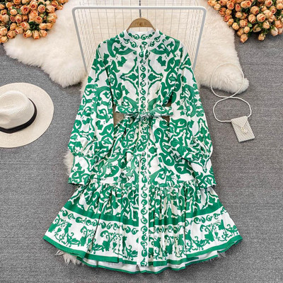 Prinditud kleit naistele Stantsikrae Lantern, pikkade varrukatega kõrge vöökohaga vintage midikleit pidulik Runway Party Rohelised A-joonega kleidid