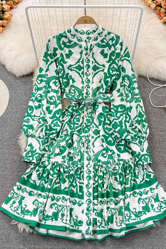 Prinditud kleit naistele Stantsikrae Lantern, pikkade varrukatega kõrge vöökohaga vintage midikleit pidulik Runway Party Rohelised A-joonega kleidid