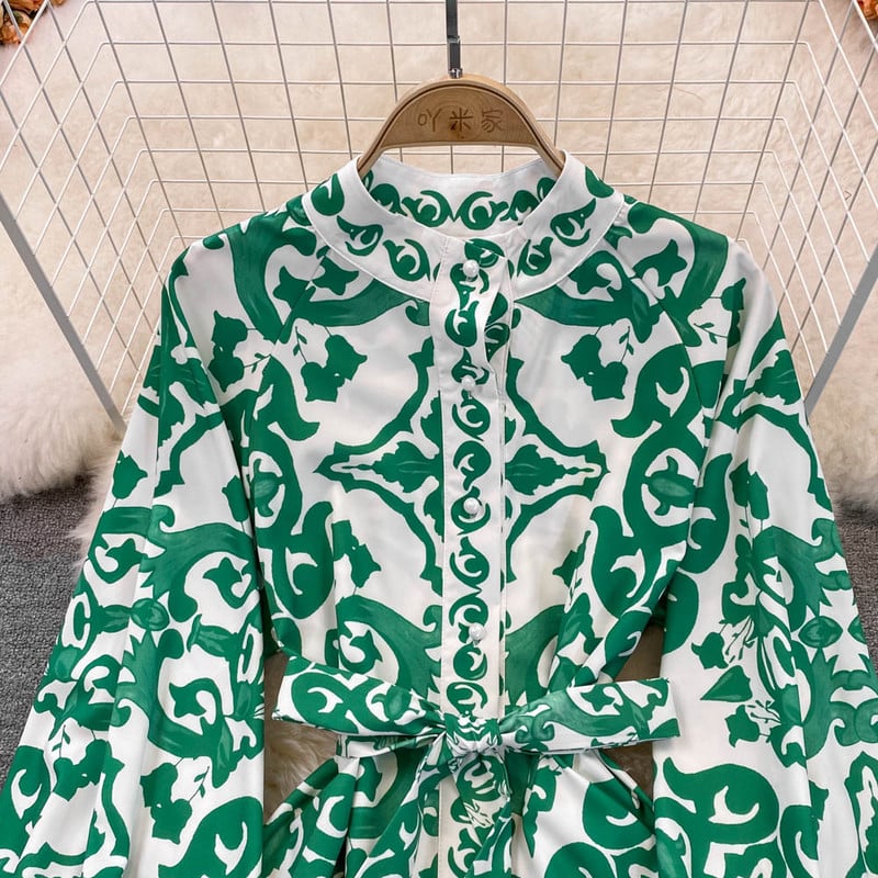 Prinditud kleit naistele Stantsikrae Lantern, pikkade varrukatega kõrge vöökohaga vintage midikleit pidulik Runway Party Rohelised A-joonega kleidid