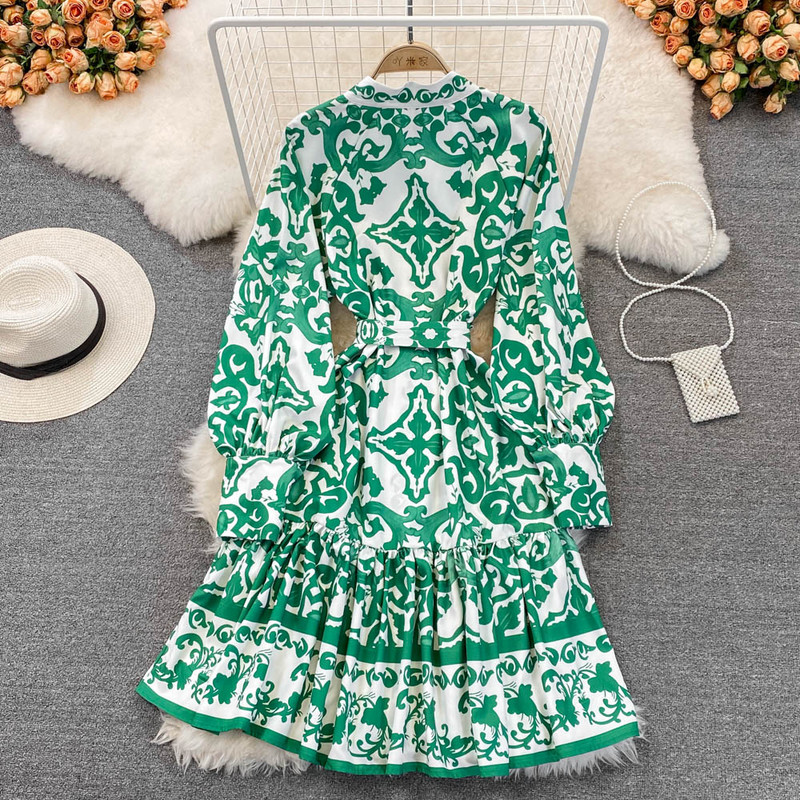 Prinditud kleit naistele Stantsikrae Lantern, pikkade varrukatega kõrge vöökohaga vintage midikleit pidulik Runway Party Rohelised A-joonega kleidid