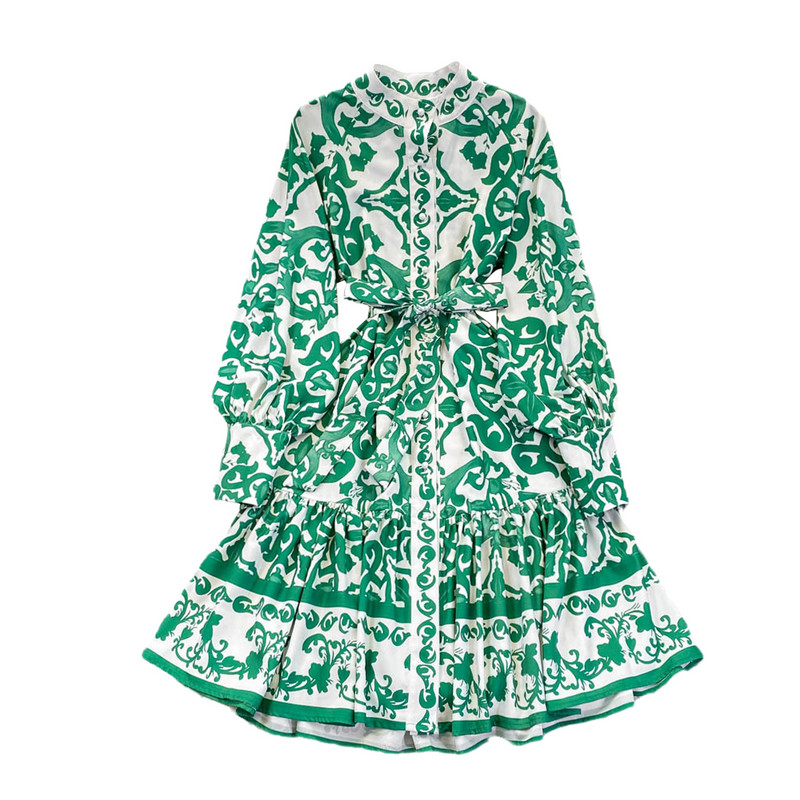 Prinditud kleit naistele Stantsikrae Lantern, pikkade varrukatega kõrge vöökohaga vintage midikleit pidulik Runway Party Rohelised A-joonega kleidid