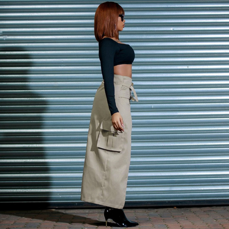 Streetwear Μίντι φούστες με ψηλό σκίσιμο γυναικείες καθημερινές ζώνες Τσέπες Cargo μακριά φούστα Καθημερινά στο κάτω μέρος Trend Y2K Ρούχα Φθινόπωρο 2023