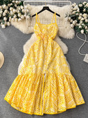 Καλοκαιρινό σέξι κέντημα φόρεμα Hollow Out Γυναικείο λουράκι σπαγγέτι Μονό στήθος βολάν εξώπλατο Holiday Beach Long Vestidos