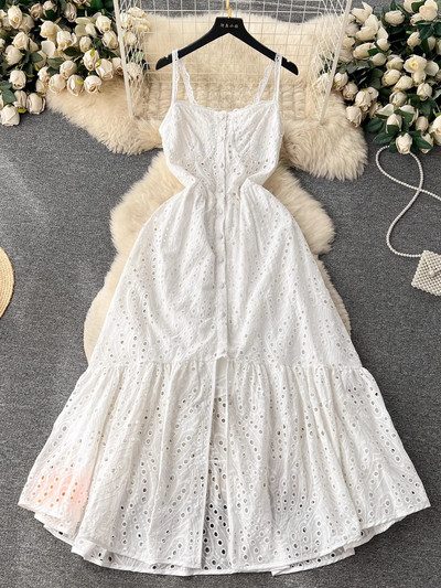 Καλοκαιρινό σέξι κέντημα φόρεμα Hollow Out Γυναικείο λουράκι σπαγγέτι Μονό στήθος βολάν εξώπλατο Holiday Beach Long Vestidos