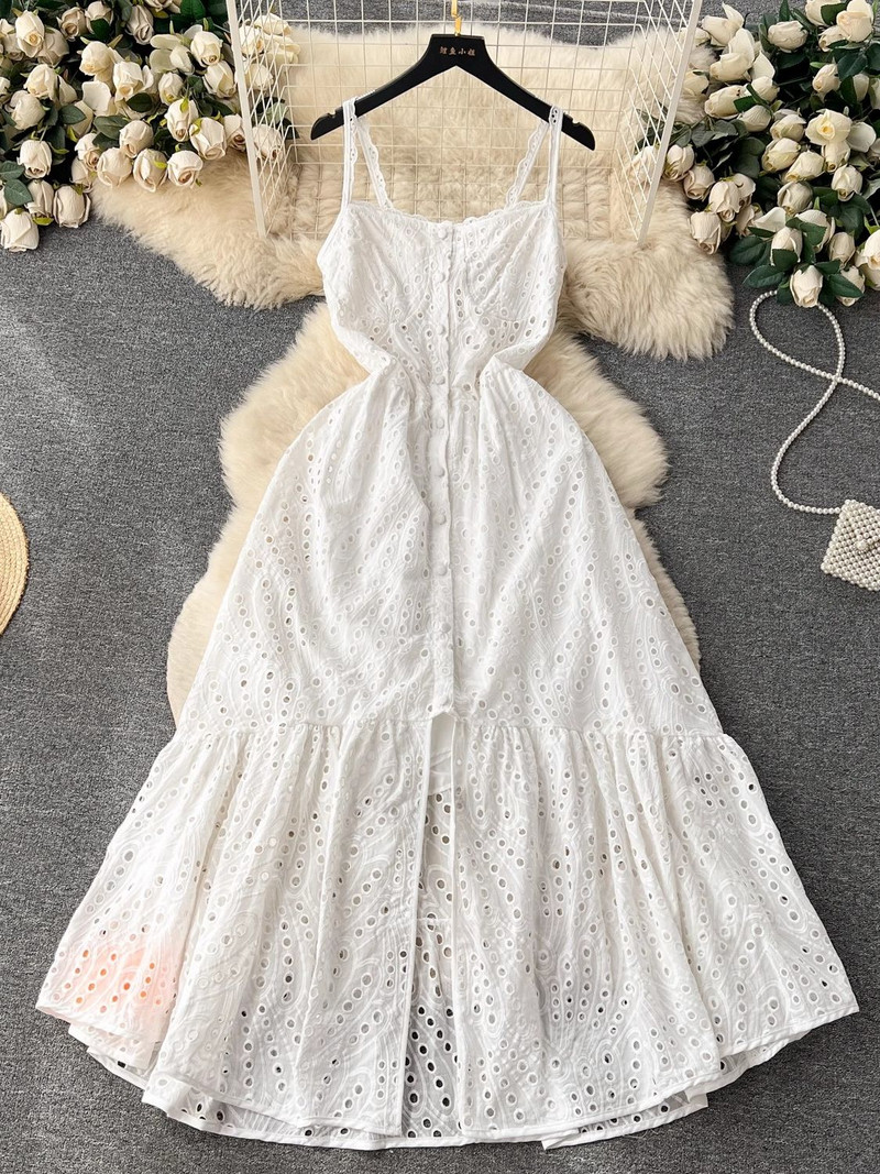 Καλοκαιρινό σέξι κέντημα φόρεμα Hollow Out Γυναικείο λουράκι σπαγγέτι Μονό στήθος βολάν εξώπλατο Holiday Beach Long Vestidos