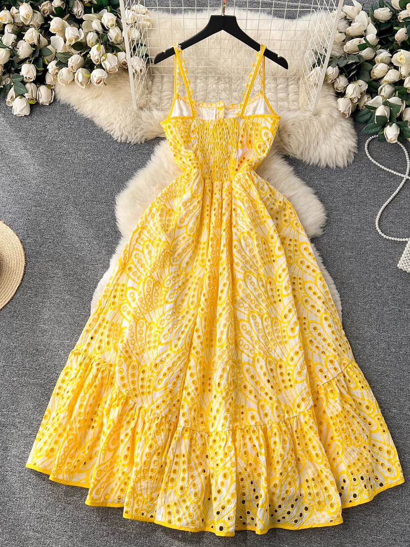 Καλοκαιρινό σέξι κέντημα φόρεμα Hollow Out Γυναικείο λουράκι σπαγγέτι Μονό στήθος βολάν εξώπλατο Holiday Beach Long Vestidos