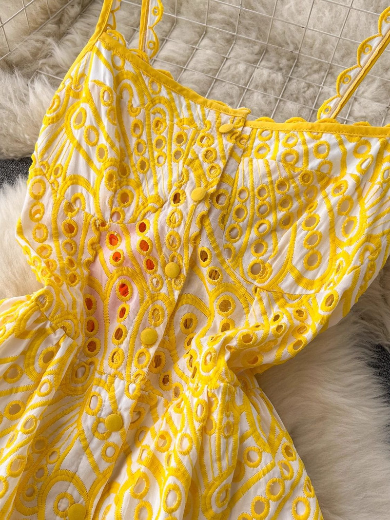 Καλοκαιρινό σέξι κέντημα φόρεμα Hollow Out Γυναικείο λουράκι σπαγγέτι Μονό στήθος βολάν εξώπλατο Holiday Beach Long Vestidos