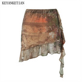KEYANKETIAN New Summer Tie-Dye Imprimat Fusta teacă femei stil retro asimetrică decorativă Wrap șold Stretch Mini fusta