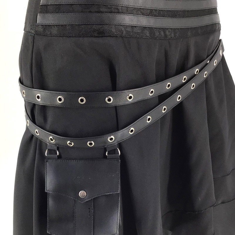 Μαύρη μεταξωτή και δερμάτινη ζώνη τσέπης Ασύμμετρες βικτοριανές φούστες Γυναικεία ρούχα Steampunk Μεσαιωνική Cosplay Vintage Gothic φούστα