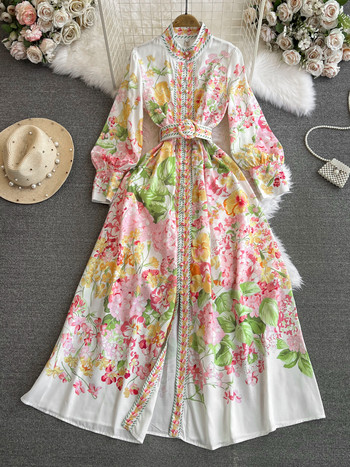 Нова пролетна есенна ленена бохемска рокля с щампа на цветя Дамска стойка с дълъг фенер с ръкав с волани и копчета, колан, макси халат Vestidos