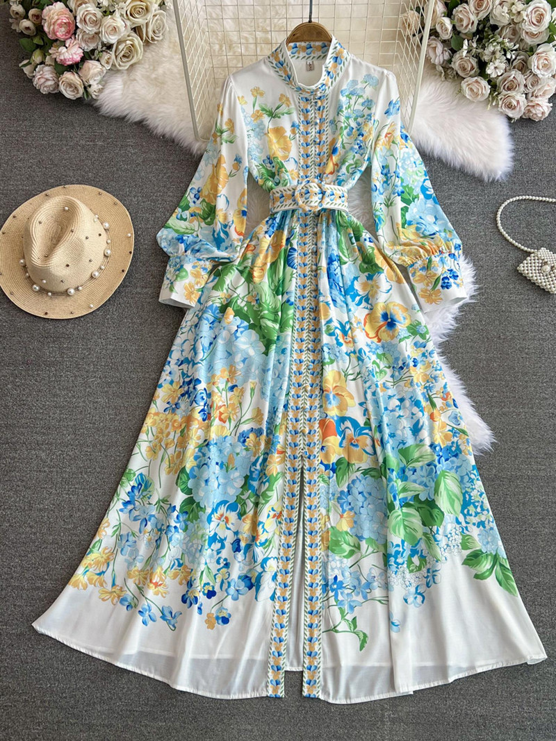 Uus kevadine sügislilletrükk Linane Boheemi Kleit Naiste Seis Pikk Lanter Varrukad Nööbid Vöö Maxi Rüü Vestidos