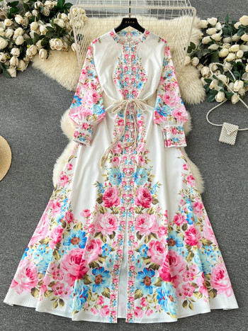2024 Луксозна дълга рокля на цветя и флорални дамски дамски рокли с О-образно деколте и дълги ръкави, едноредни модни рокли с връзки и връзки