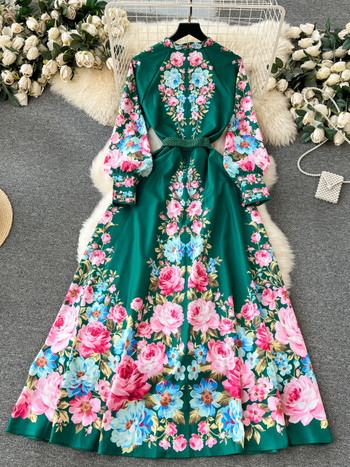 2024 Луксозна дълга рокля на цветя и флорални дамски дамски рокли с О-образно деколте и дълги ръкави, едноредни модни рокли с връзки и връзки