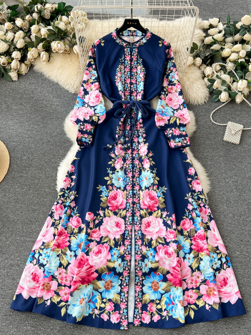 Luksuslik 2024. aasta luksuslik lilleline lilleline õuekleit naiste O-kaelusega pikkade varrukatega, ühe rinnaga pitsilised moodsad kleidid