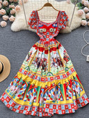 Fashion Summer Rumway Soldier Warrior Φόρεμα με στάμπα Γυναικείο τετράγωνο γιακά με μανίκι πεταλούδα βολάν Κομψό εξώπλατο πάρτι Vestido