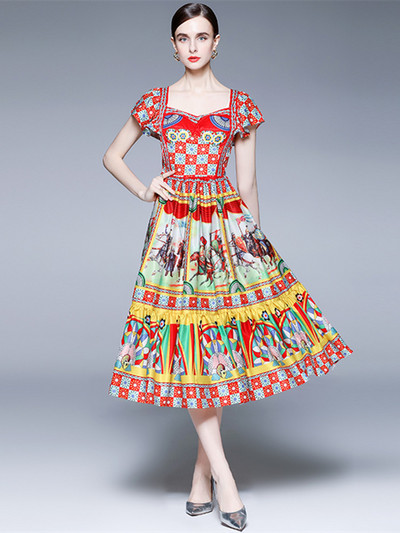 Fashion Summer Rumway Soldier Warrior Φόρεμα με στάμπα Γυναικείο τετράγωνο γιακά με μανίκι πεταλούδα βολάν Κομψό εξώπλατο πάρτι Vestido