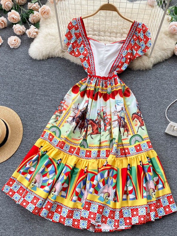 Fashion Summer Rumway Soldier Warrior Φόρεμα με στάμπα Γυναικείο τετράγωνο γιακά με μανίκι πεταλούδα βολάν Κομψό εξώπλατο πάρτι Vestido