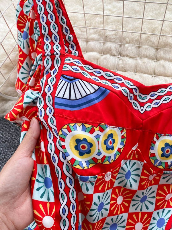 Fashion Summer Rumway Soldier Warrior Φόρεμα με στάμπα Γυναικείο τετράγωνο γιακά με μανίκι πεταλούδα βολάν Κομψό εξώπλατο πάρτι Vestido