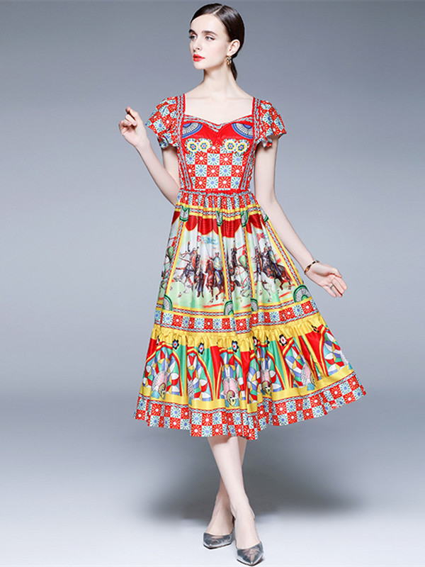 Fashion Summer Rumway Soldier Warrior Φόρεμα με στάμπα Γυναικείο τετράγωνο γιακά με μανίκι πεταλούδα βολάν Κομψό εξώπλατο πάρτι Vestido