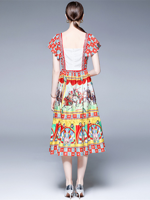 Fashion Summer Rumway Soldier Warrior Φόρεμα με στάμπα Γυναικείο τετράγωνο γιακά με μανίκι πεταλούδα βολάν Κομψό εξώπλατο πάρτι Vestido