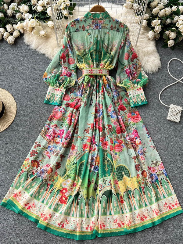 Φθινοπωρινό μποέμ σιφόν πράσινο μάξι φόρεμα Γυναικείο μανίκι φαναράκι με ζιβάγκο Μονό στήθος Ζώνη με στάμπα λουλουδιών Holiday Vestidos