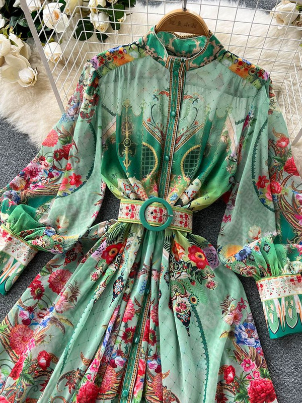 Φθινοπωρινό μποέμ σιφόν πράσινο μάξι φόρεμα Γυναικείο μανίκι φαναράκι με ζιβάγκο Μονό στήθος Ζώνη με στάμπα λουλουδιών Holiday Vestidos