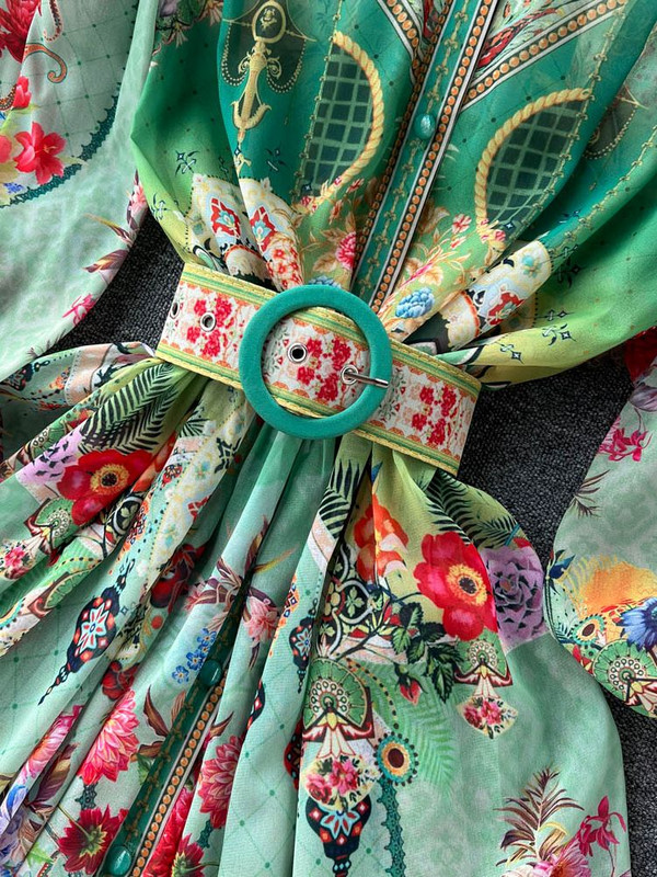 Φθινοπωρινό μποέμ σιφόν πράσινο μάξι φόρεμα Γυναικείο μανίκι φαναράκι με ζιβάγκο Μονό στήθος Ζώνη με στάμπα λουλουδιών Holiday Vestidos