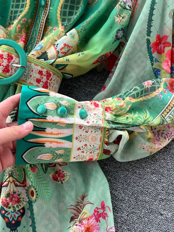 Φθινοπωρινό μποέμ σιφόν πράσινο μάξι φόρεμα Γυναικείο μανίκι φαναράκι με ζιβάγκο Μονό στήθος Ζώνη με στάμπα λουλουδιών Holiday Vestidos