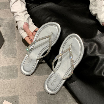 Чехли с кристали Дамски нови летни обувки Дамски модни блестящи джапанки Меки удобни плоски с чехли Златни плажни сандали